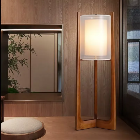 Solid Wood Floor Lamp with Fabric Shade - Japanese Style